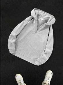 Men's Solid Color Casual Half-Zip Hooded Loose Sweatshirt, 2026 Autumn/Winter Commute Outfit, Long Sleeve Top - Light Grey - View 9