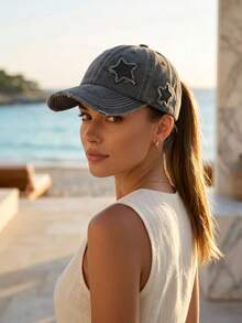 1pc Classic Washed Distressed Baseball Cap With Sequin Star & Ripped Detail, Ponytail Hat, European And American Style Outdoor Hat - A - View 7
