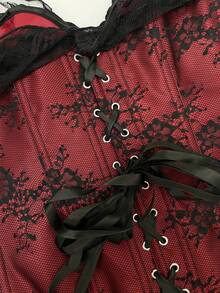Halloween Atmosphere Black & Red Lace Corset, French Puff Sleeve Patchwork Bustier, Waist-Cinched Body-Shaping Tight Top - Burgundy - View 6