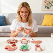 6pcs Adult Beginner Punch Needle Coaster Material Kit | Landscape Pattern Punch Embroidery Set, Includes Yarn, Embroidery Hoop, Needle Threader, Felt Fabric, Tutorial; DIY Coaster Handmade Material, Suitable For Home Decor, Gift Making - One Size Fits All - View 5