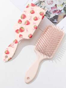 Pink Bow Strawberry Print Square Air Cushion Comb, Wet & Dry Use, ABS Detangling Massage Brush - Multicolor - View 2