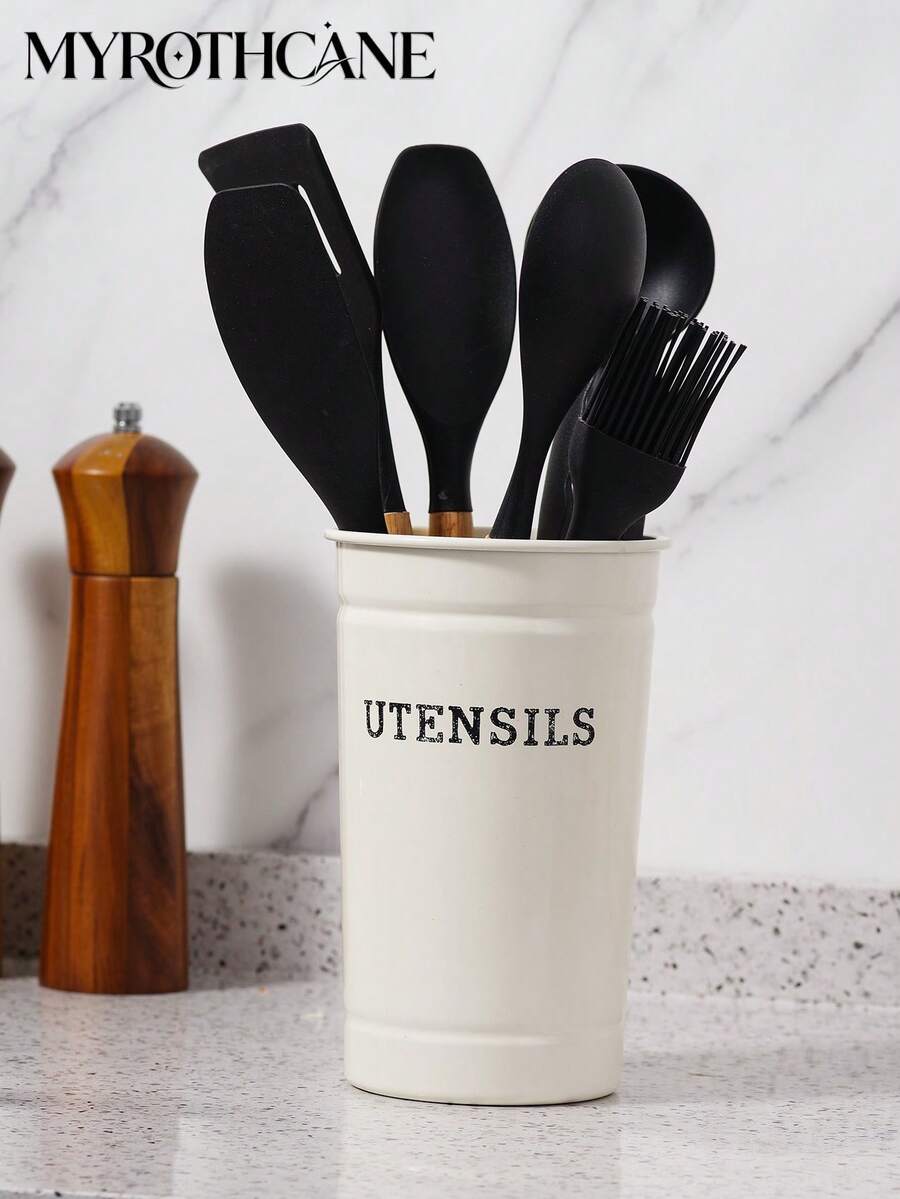 Myrothcane Heat-Resistant Silicone Kitchen Utensil Set With Storage Rack, Wooden Handle Non-Stick Spatula, Soup Spoon, Rice Paddle, Oil Brush, Kitchen Cooking Tools