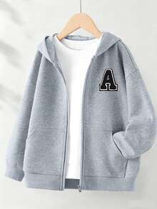 Áo khoác cardigan có mũ in chữ A cho bé gái, thoải mái và thời trang, mặc thường ngày cho mùa thu/đông - Xám - Xem 1