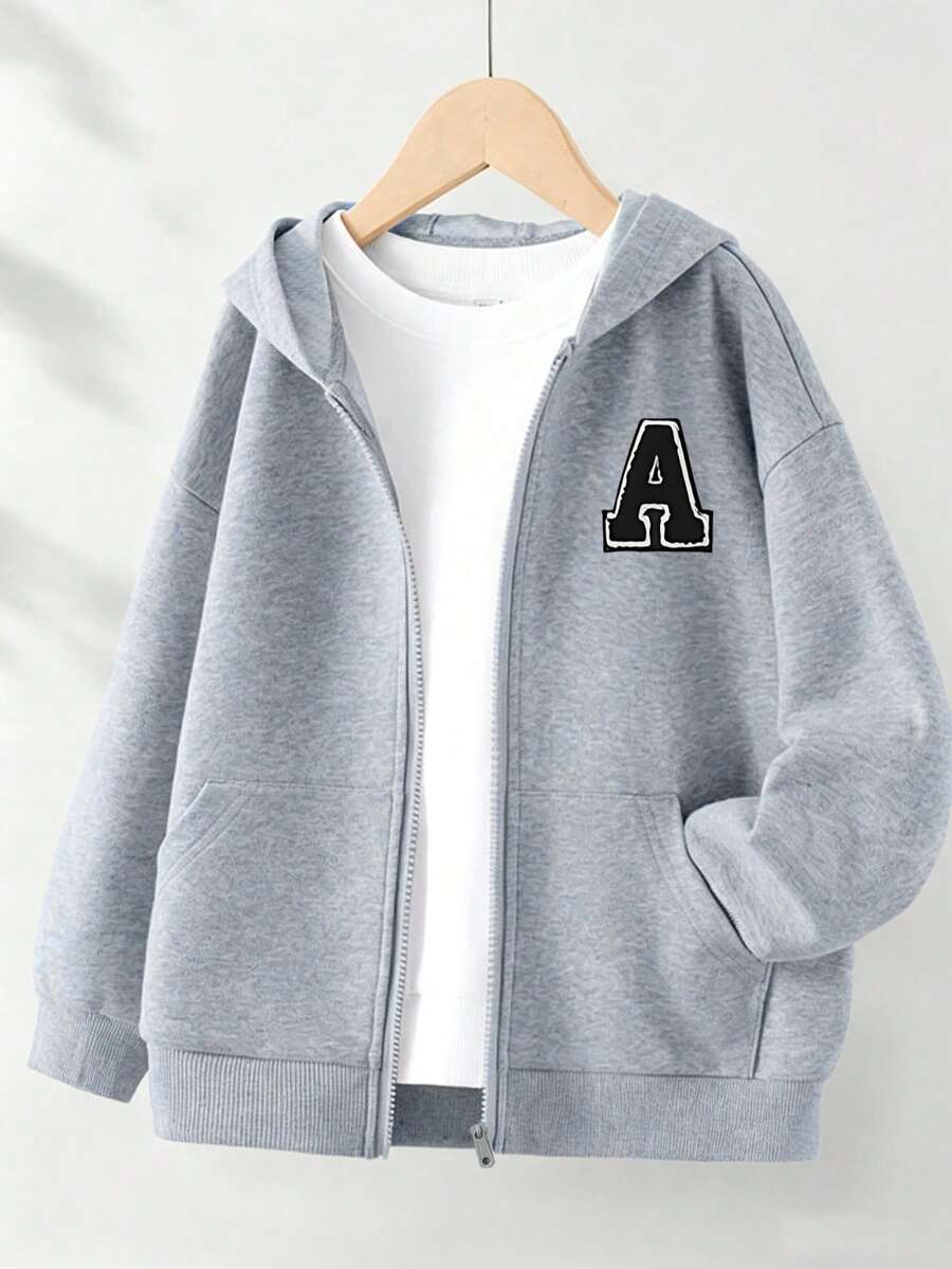 Áo khoác cardigan có mũ in chữ A cho bé gái, thoải mái và thời trang, mặc thường ngày cho mùa thu/đông - Xám - Xem 1