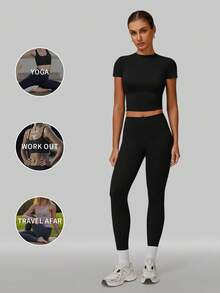 MFVIM Women's Solid Color Round Neck 2-Piece Set Slim Fit Yoga Outfit Short Sleeve Top High-Intensity Tight Versatile Outdoor Running Sports Fitness Wear - Black - View 6