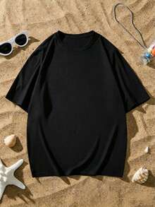 Herren-T-Shirt aus reiner Baumwolle, schwarzes Oversize-Shirt mit "Psychedelic-Smile"-Flachdruck, Festival-Stil - Stil2 - Übersicht 2