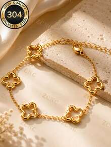 ZCNC 1pc Women's Summer Fashion Exquisite Four-Leaf Clover Rhinestone Zirconia Stainless Steel Bracelet, Suitable For Daily Wear, Party, Mother's Day Gift - Style 19 - View 7