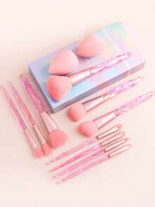 ronshadow 10pcs Gradient Transparent Ice Crystal Diamond Handle Makeup Brush Set With Makeup Sponge, Round Powder Brush, Angled Blush Brush, Large Foundation Brush, Small Eyeshadow Blending Brush, Detail Concealer Brush - Multicolor - View 14