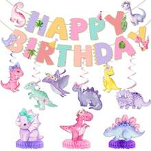 1 Set Papier Girlande / 6 Stücke Papier Spiral Hängedekorationen / 3 Stücke Papier Waben Tischdekorationen Dinosaurier Geburtstags Party Dekorationen Pastell Dinosaurier Geburtstags Banner Dinosaurier Hängende Wirbel Tischdekoration - Verschiedenfarbig - Übersicht 1