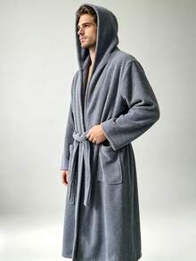 1 pieza Albornoz de hombre con capucha color gris, estampado de piña y cuadros, unicolor, cómodo, transpirable, suave, de felpa, absorbente y de secado rápido, largo para uso en casa, adecuado para hogar/spa/hotel/ocio, para todas las estaciones, decoración de baño - Bata de baño con capucha - Piña - Gris - Ver 4