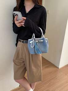 Dedoo 女款丹寧拼接迷你水桶托特包，銀色旋鈕鎖雙手柄斜挎包，復古手提包，適合日常購物，無吊飾 - 銀色 - 查看 8