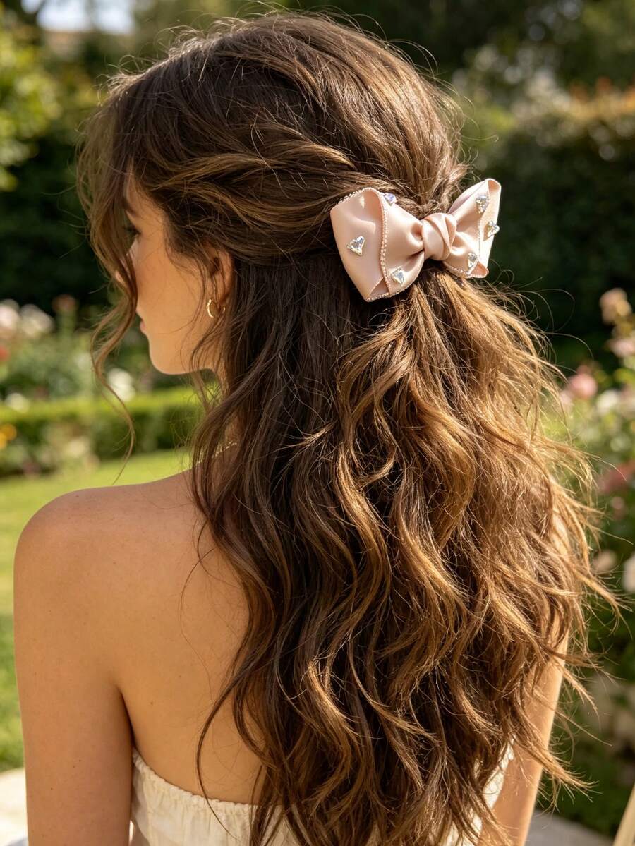 1pc Elegant & Gentle Elegant Versatile Rhinestone Heart Bow Spring Clip, Suitable For Weddings, Parties And Daily Commute Wear - Dusty Rose - View 1