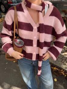 VIBEWAVE Pink Burgundy Color Block Striped V-Neck Cropped Knit Cardigan With Scarf, Women Retro Drop Shoulder Sweater Coat Fall Winter - Watermelon Pink - View 5
