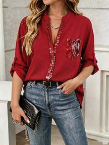 Women's Sequin Decor Front Button Pocket Casual Shirt Spring - Red - View 2
