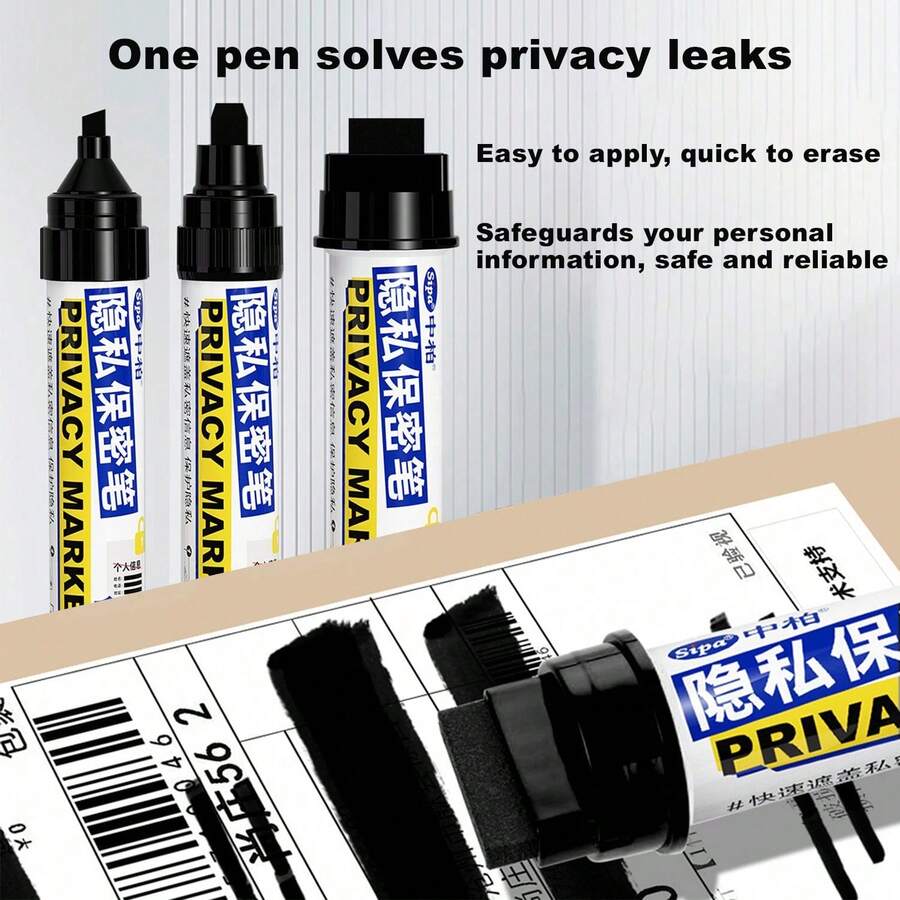 Black Privacy Protection Oil-Based Marker, Can Cover Express Delivery Bill Information To Ensure Confidentiality. Features Black Flat Broad Tip Design, Supports Refillable Ink Cartridges, Fast Drying, Suitable For Thermal Express Delivery Bills, Takeout Orders And Shopping Lists Etc. Scenarios, Used To Cover Personal Privacy Information. - Multiple Styles - View 1