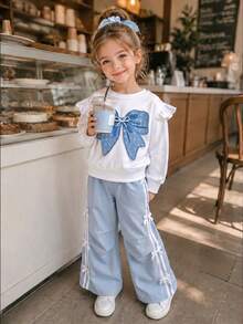 Girls' Sweet Bow Sweatshirt Set, Sequin Large Bow Crew Neck Top + Side Bow Wide Leg Pants 2pcs Set, Fresh And Cute Children's Outfit - Multicolor - View 4