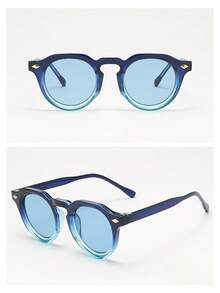 1pc Unisex Vintage Round Small Frame Minimalist Fashion Glasses, Suitable For Travel, Holidays, Beach And Daily Wear - Progressive Blue Frame Blue Film - View 3