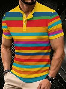 Men's Casual Short Sleeve Henley Collar Rainbow Striped T-Shirt - Multicolor - View 1