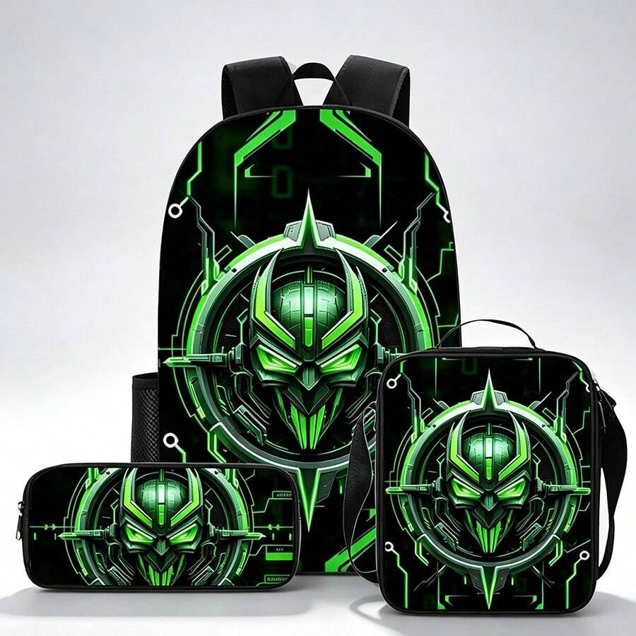 3Pcs Green Cyber Mecha Robot Print Backpack Combo, Waterproof Large Capacity Student School Bag + Insulated Lunch Tote Bag + Pencil Pouch, Lightweight - Multicolor - View 1