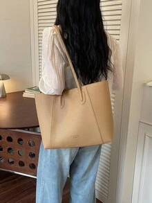 時尚大容量托特包，休閒日常穿搭，個性化托特包，百搭中號女款包 - 杏色 - 查看 3