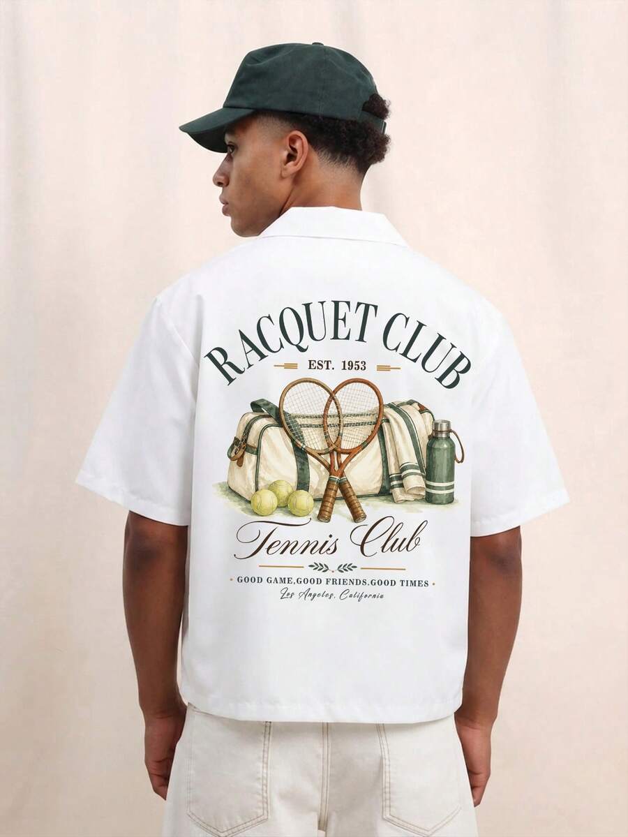 Men's Summer Fashion Sports Tennis Print Graphic Short Sleeve Shirt Casual Daily Wear - White - View 1