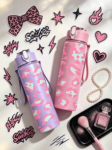 1pc/5pcs 750ml Soft Pink Leopard Print Sports Water Bottle, Flip Lid Design, Reusable Lightweight Leak-Proof Portable Travel Drinking Cup, Suitable For Daily Use And Outdoor Sports - Multi-color - Blue Leopard Print - View 1