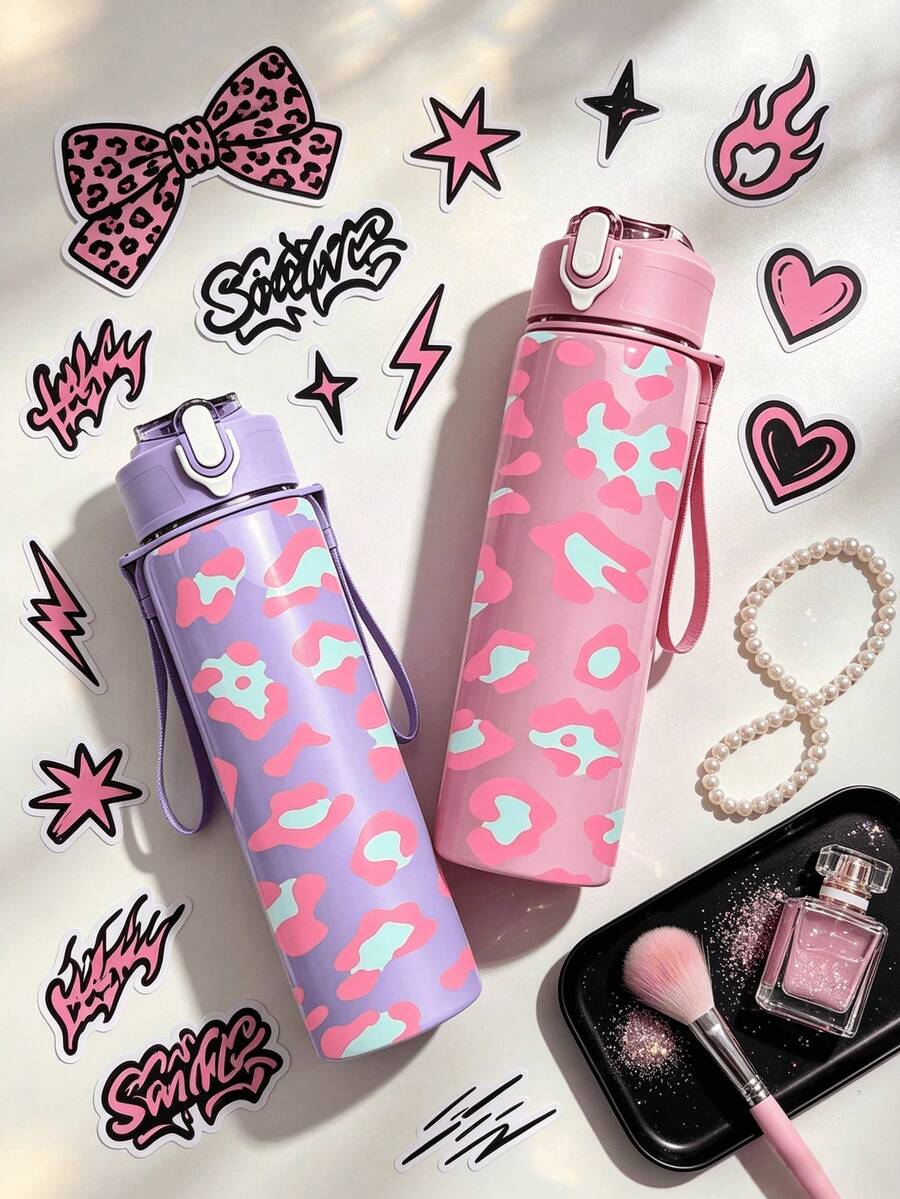 1pc/5pcs 750ml Soft Pink Leopard Print Sports Water Bottle, Flip Lid Design, Reusable Lightweight Leak-Proof Portable Travel Drinking Cup, Suitable For Daily Use And Outdoor Sports - Multi-color - Blue Leopard Print - View 1