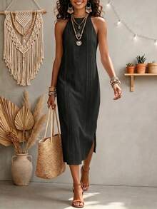 Elegaris Summer Solid Color Elegant Vintage Halter Neck Sleeveless Elegant Casual Lace Patchwork Design Dress - Black - View 2