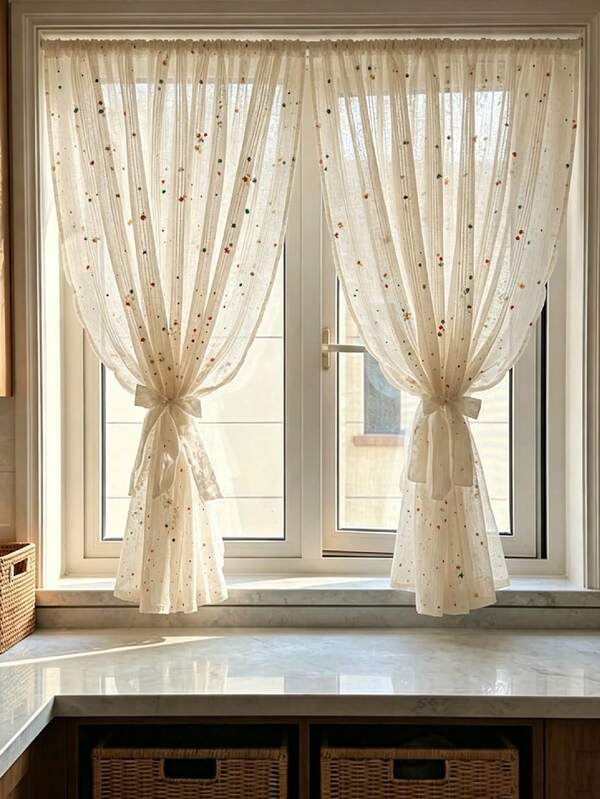1pc Vintage Style Linen Transparent Curtain With Rainbow Candy Beads - Grommet Design, Easy To Hang, Perfect For Bedroom, Living Room, Office Decoration, Home Decor Curtain (200g Fabric Weight)