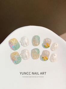 10Pcs Handmade Short Square Press On Nails Gradient Iridescent Jelly Base 3D Shell Pearl Starfish Hand Painted Goldfish Mermaid Ocean Theme Glossy Reusable False Nails Summer Beach Manicure Set For Women Girls - 彩色 - 查看 1