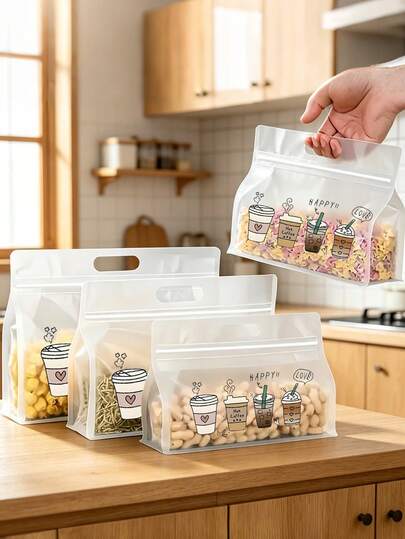 Reusable Self-Sealing Leak-Proof Food Storage Bags, Printed With Coffee Cup Sleeve Pattern, Large Capacity Sealed Snack Bags, Food Portioning Bags, Packaging Bags, Fruit And Vegetable Bags, Frosted Transparent Style With Handle And Self-Standing Design, Transparent Thickened Bag Body, Kitchen Storage Bags, Store Grains, Cookies, Candy, Bread, Rice, Fruit, Coffee Beans, Tea, Noodles, Vegetables And Other Items, Kitchen Essentials, Holiday, Birthday, Teacher's Day Gifts
