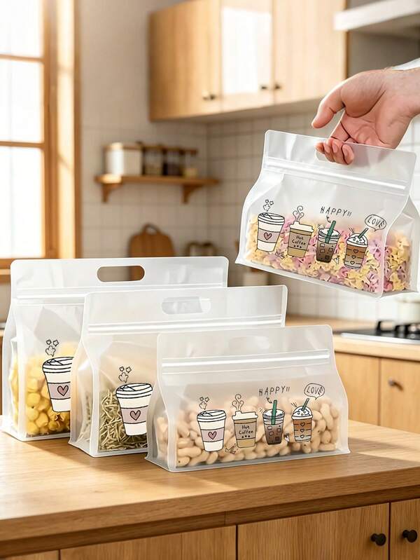 Reusable Self-Sealing Leak-Proof Food Storage Bags, Printed With Coffee Cup Sleeve Pattern, Large Capacity Sealed Snack Bags, Food Portioning Bags, Packaging Bags, Fruit And Vegetable Bags, Frosted Transparent Style With Handle And Self-Standing Design, Transparent Thickened Bag Body, Kitchen Storage Bags, Store Grains, Cookies, Candy, Bread, Rice, Fruit, Coffee Beans, Tea, Noodles, Vegetables And Other Items, Kitchen Essentials, Holiday, Birthday, Teacher's Day Gifts