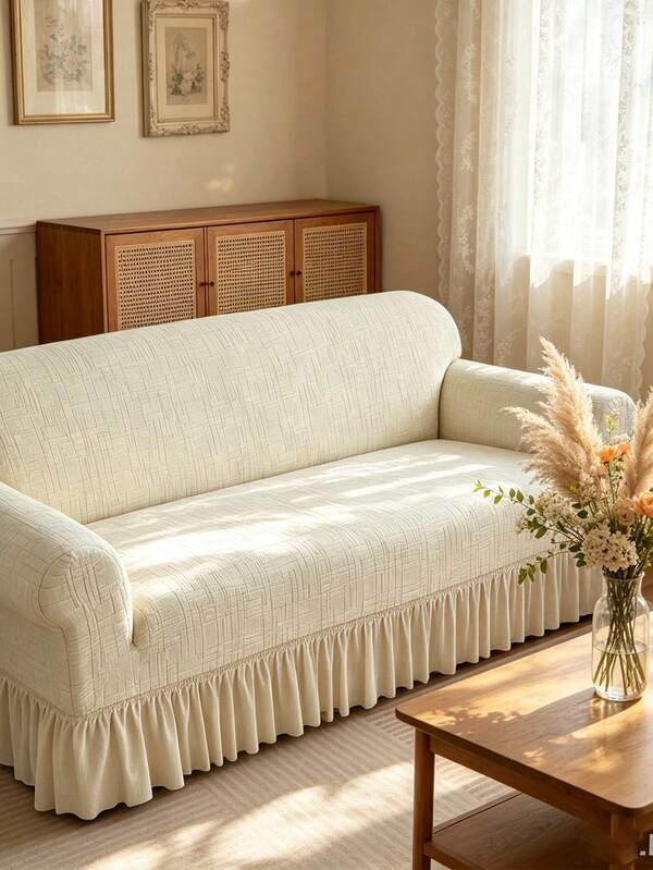 1pc Cream White Elastic Skirt Sofa Cover, Modern Pattern, Machine Washable, Water-Washable, Dust-Proof, Anti-Slip Home Decor Sofa Cover, Suitable For 1/2/3/4 Seater All Seasons