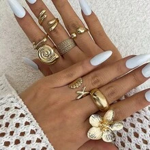 Set Cincin Terbuka Geometris Motif Bunga Kerang Bintang Laut Gaya Laut Vintage 8 Buah, Dapat Ditumpuk, Warna Emas, Berbagai Bentuk Cincin - Emas - View 7