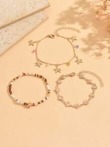 3pcs/Set Summer Vacation Style Rice Bead & Small Shell Chain Bracelet Set With Starfish And Crushed Stone, Women's Hand Jewelry For Daily Wear, Party And Vacation, Random Color Arrangement, Shape, Size And Quantity Of Rice Beads And Colored Crushed Stones - Multicolor - View 2