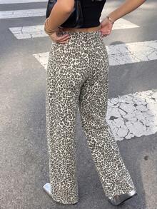Celana Jeans Wanita Motif Leopard Potongan Lurus dengan Saku dan Resleting, Celana Panjang Kasual, Cocok untuk Pesta Musim Gugur - Coklat - View 3