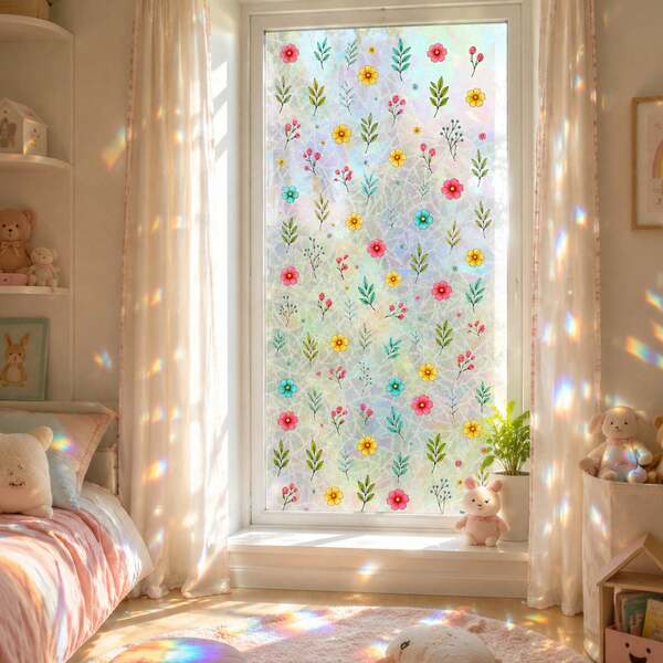 3D Rainbow Flower Window Privacy Film, Static Cling Floral Glass Stickers, Double Sided Decorative Removable Window Film For Dining Living Room Kitchen