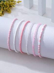 6 piezas/Set Tobilleras de mujer estilo bohemio de vacaciones lindas y coloridas con cuentas - Rosa - Ver 3