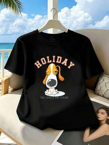 Women's Holiday Dog Print Casual T-Shirt, Soft Cotton Loose Fit, Street Hip Hop Style, Comfortable, Art Print, New Release - Black - View 2