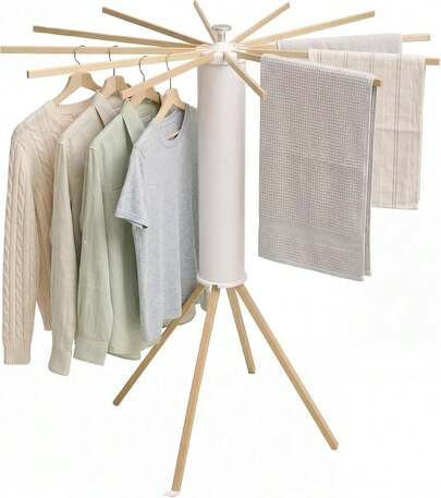 Foldable Indoor Clothes Drying Rack With 12 Wood Arms And Stable 4 Leg Support Space Saving Laundry Organizer For Apartments Balconies And Rvs