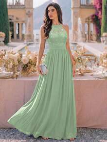 MIUSOL 亮片花卉蕾絲掛脖無袖百褶雪紡正式派對長洋裝，正式晚禮服，適合婚禮賓客、畢業典禮、晚餐 - 薄荷綠 - 查看 6