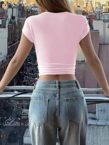 GLAMSKIN 女款夏秋基礎條紋方領短袖修身短版 T-shirt，休閒性感修身上衣 粉色 - 粉色 - 查看 2