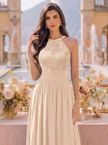 MIUSOL Sequin Floral Lace Halter Neck Sleeveless Ruched Chiffon Formal Party Long Dress, Formal Evening Gown, Suitable For Wedding Guest, Graduation Ceremony, Dinner - Champagne - View 9