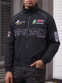 Men's Black Y2K Street Style Racing Pilot Jacket, Printed Stand Collar, Long Sleeve Zip-Up Outerwear - Black - View 3