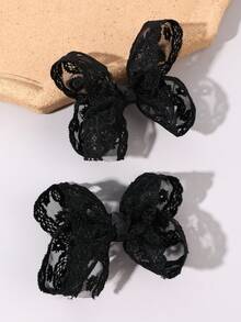 2件組女孩蕾絲髮蝴蝶結黑色刺繡花朵髮夾 夏季優雅婚禮派對髮飾 精靈風髮夾 嬰兒髮飾 - 黑色 - 查看 6