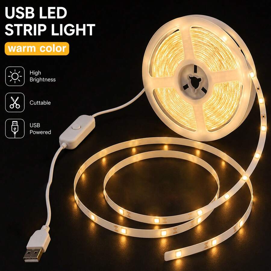 3.28-98.4FT Warm White LED Strip Lights, USB Powered, Cuttable Flexible Light Strip, Easy To Install For Bedroom, Kitchen, TV Backlight, Cabinet And Home Deco