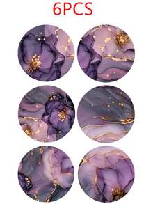 1/6/12pcs Purple Gold Rim Marble Floral Wooden Coasters, Alcohol Ink Abstract Floral Round Drink Coasters, Heat-Resistant Desktop Protection Coasters, Aesthetic Modern Home Kitchen Office Decor, Elegant Housewarming Gift - Purple - View 13