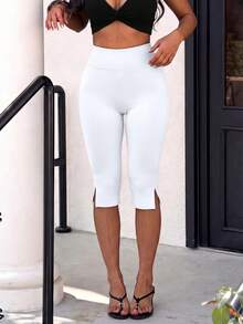 Neue vielseitige einfarbige Bermuda-Shorts mit Schlitzsaum, elastisch und schmal geschnitten - Weiss - Übersicht 4