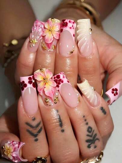 Pure Handmade Nails, Vacation Nails, 3D Flower Nails, 3D Wave Nails, Seashell, Starfish, Conch, Seahorse, Faux Pearl, Flower, Medium Square Press-On Nails, 10 Pcs, False Nails, Daily Wear Nail Supplies For Women And Girls