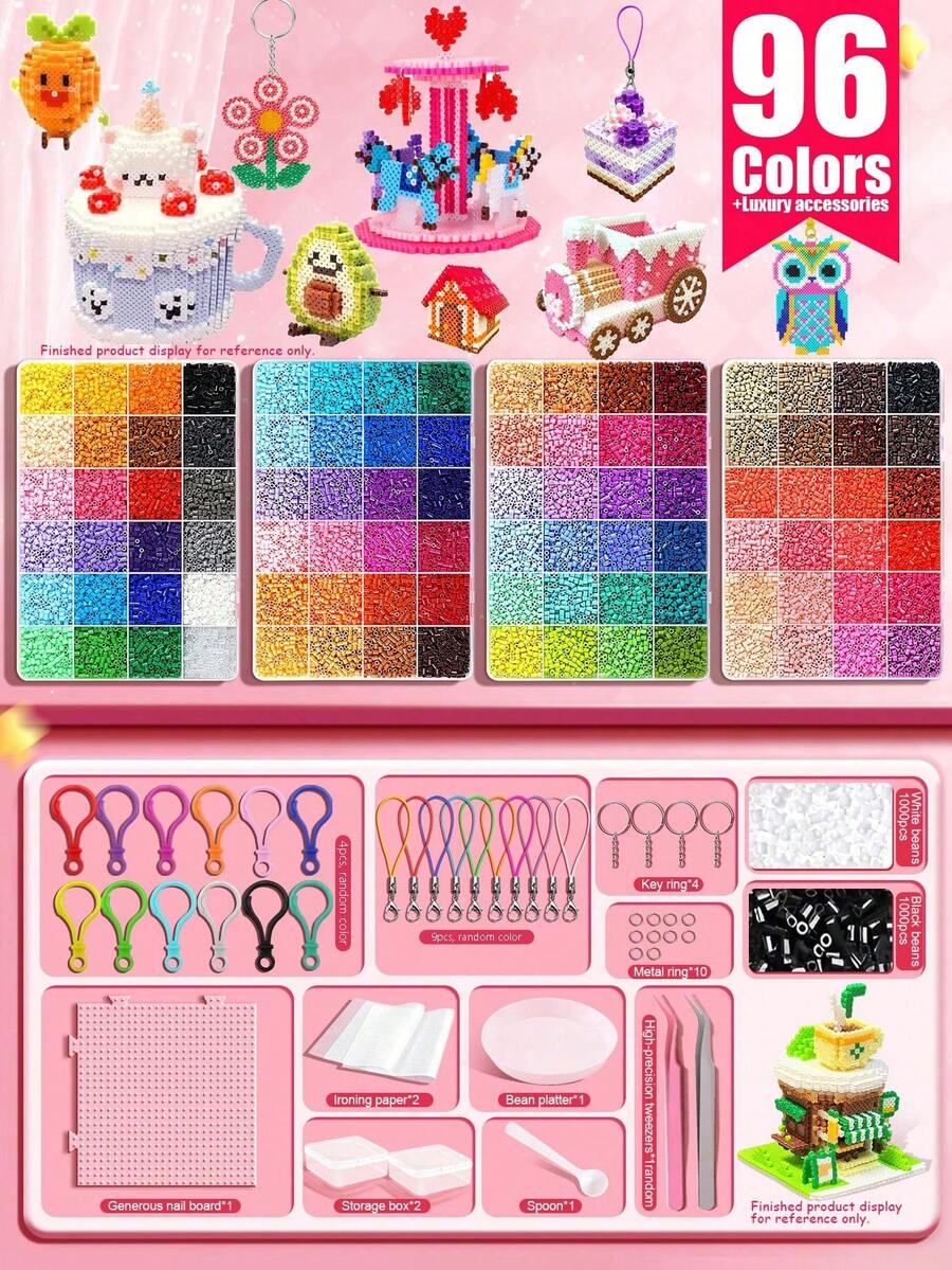 96 Colors 2.6mm Handmade Fuse Beads Set, Includes 1 Pegboard, Ironing Paper, Keychain, Tray, Tweezers Accessories, Suitable For DIY Creative Jewelry, Pixel Art, Handmade Decoration And Creative Projects, Christmas Gift, Halloween Decoration - Multiple Styles - View 1